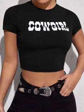 🤠 SHEIN Black Cowgirl Graphic Crop Tee Large